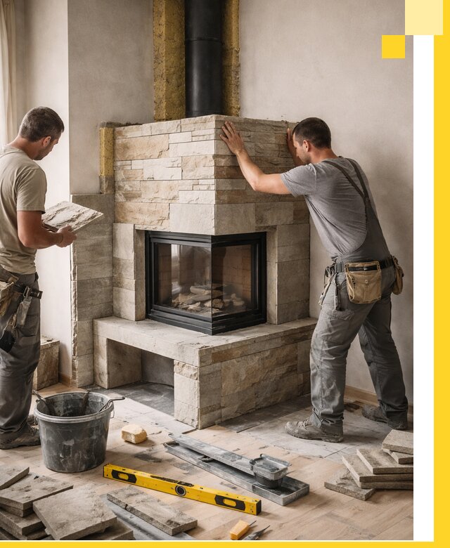 Угловые камины под ключ проект, монтаж и отделка в Бердске