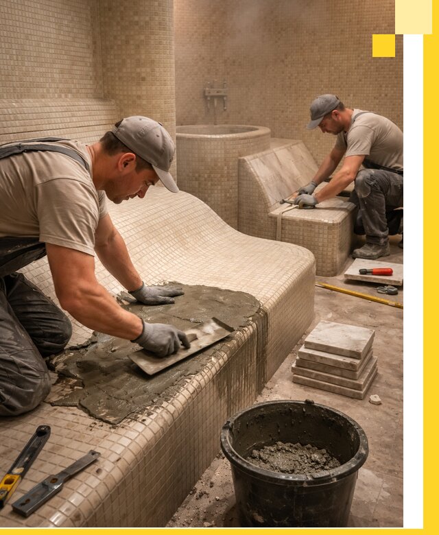 Лежаки для хамама под ключ в Бердске, проект и монтаж